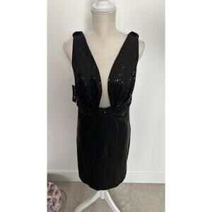 INC International Concepts Black Sequins Be Mystical Plunging Neckline Dress - S